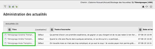 Affichage du titre des témoignages dans le module "Gestion des actualités"