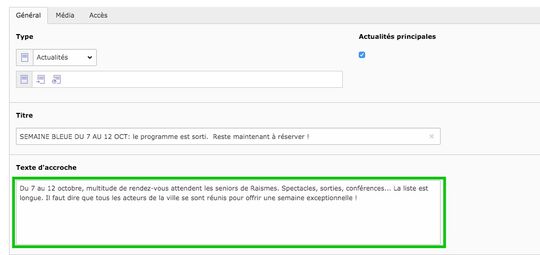 Champ "Texte d'accroche" d'une actualité